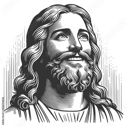 Jesus Christ smiling, surrounded by radiant circular halo lines sketch engraving generative ai fictional character vector illustration. Scratch board imitation. Black and white image.