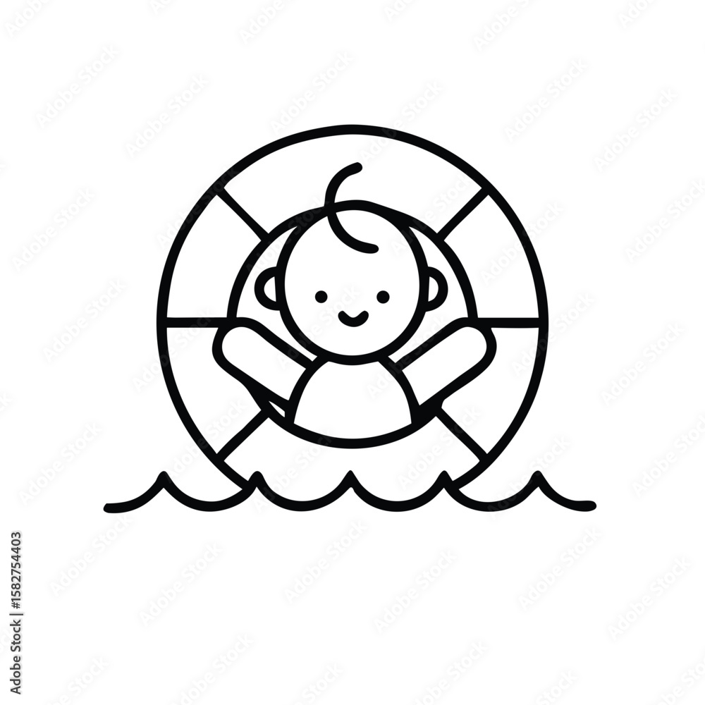 Obraz premium Child swims in lifebuoy icon for blogs, websites, clipart, educational materials, water safety, summer activities, awareness and prevention