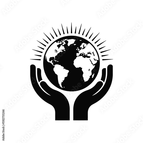 Hands holding planet earth with radiating lines symbolizing hope and care