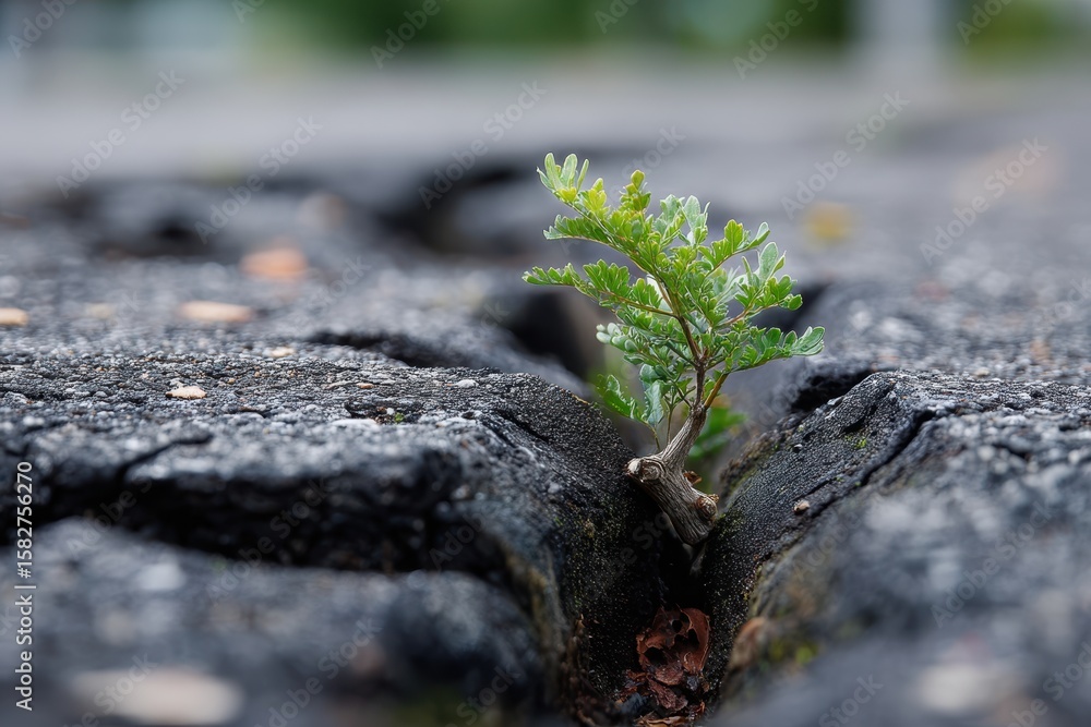 Fototapeta premium Small plant emerges from crack in asphalt indicating resilience in urban environment