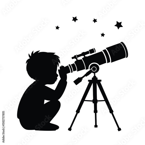 Silhouette of a young boy looking through a telescope at the stars