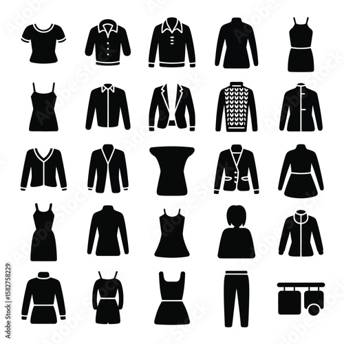 Collection of Thirty Black Silhouettes of Womens and Girls Clothing Items Including Dresses Jackets Sweaters Tops and Bottoms