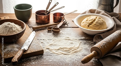 Baking Ingredients and Utensils on Wood Table