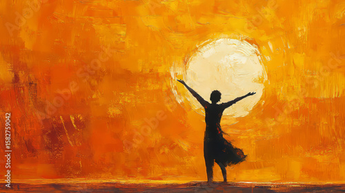 Silhouette of a person dancing joyfully against a sunset.