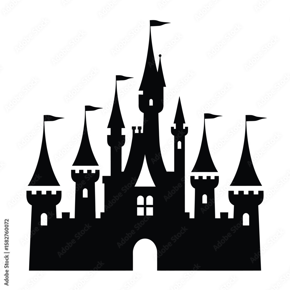 Fototapeta premium Silhouette of a fairytale castle with multiple towers and flags against a white background