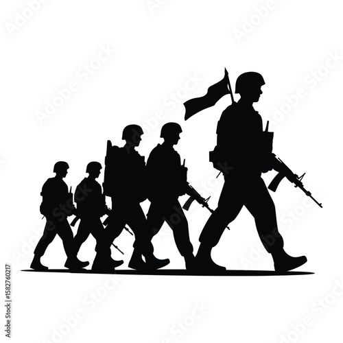 Silhouette of soldiers marching in formation carrying rifles and a flag