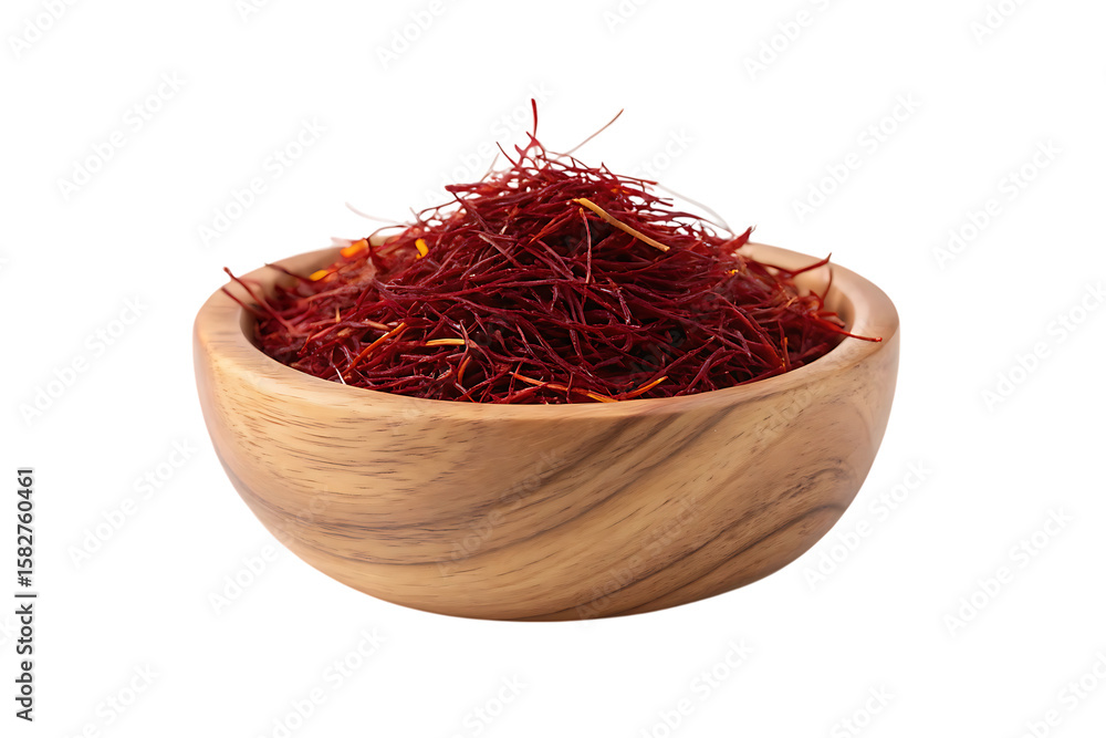 Fototapeta premium Saffron threads in wooden bowl, premium spice on transparent background