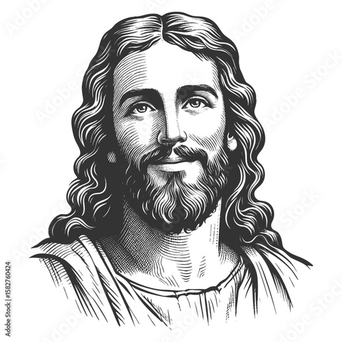 Jesus Christ smiling, surrounded by radiant circular halo lines sketch engraving generative ai fictional character vector illustration. Scratch board imitation. Black and white image.