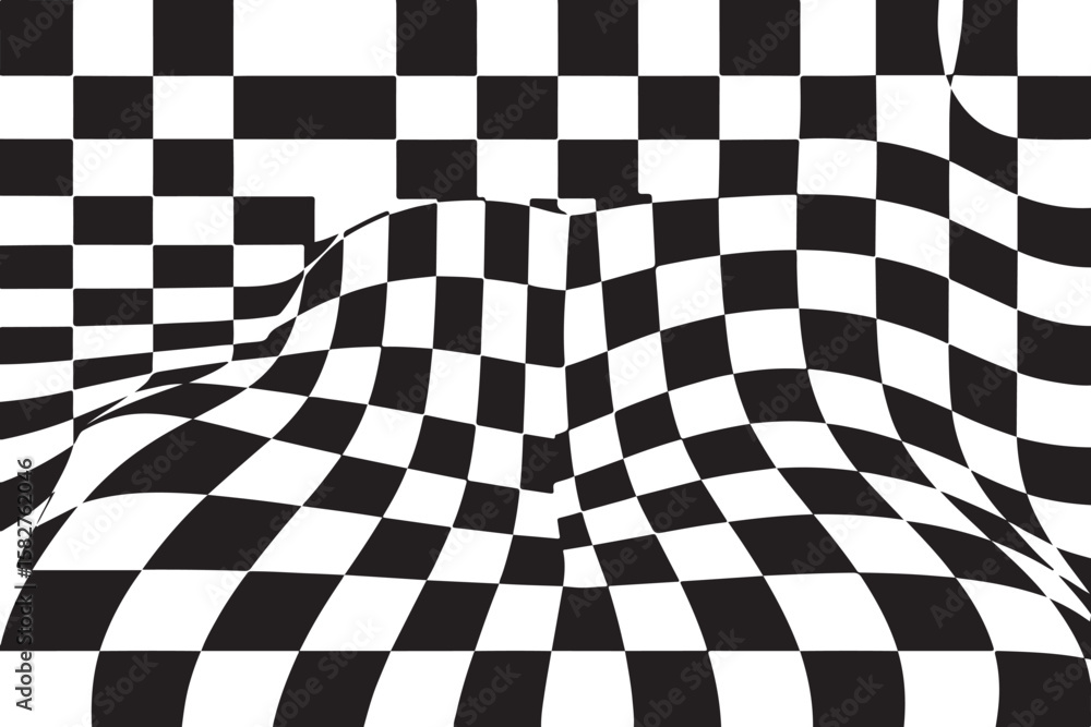 Fototapeta premium Warped checkered pattern, distorted black and white squares background, abstract optical illusion, surreal grid design, modern visual texture