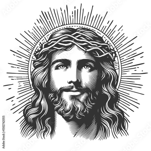 Jesus Christ smiling, surrounded by radiant circular halo lines sketch engraving generative ai fictional character vector illustration. Scratch board imitation. Black and white image.