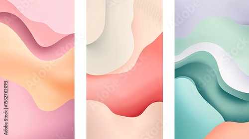Abstract three-panel design with soft color gradients and wavy forms