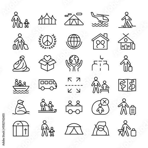 Collection of Thirty Six Black Linear Icons Depicting Migration Refugee Asylum Seeking Humanitarian Aid Travel Transportation Shelter Family Child Peace Globe Map Boat Bus Tent