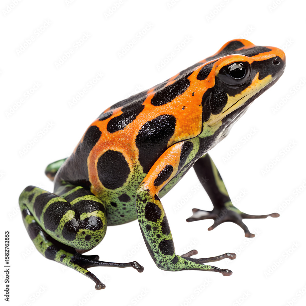 Obraz premium A vibrant poison dart frog with orange and black markings sits on a dark background. Its green legs are patterned with black stripes, showcasing its striking colors.