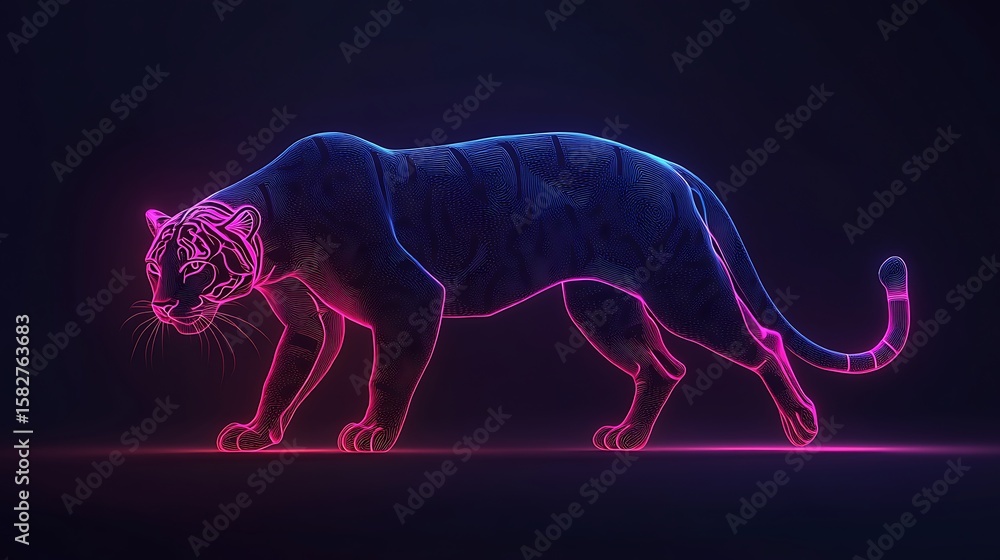 Abstract tiger silhouette, neon glow Abstract tiger silhouette, neon glow