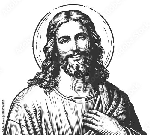 Jesus Christ smiling, surrounded by radiant circular halo lines sketch engraving generative ai fictional character vector illustration. Scratch board imitation. Black and white image.