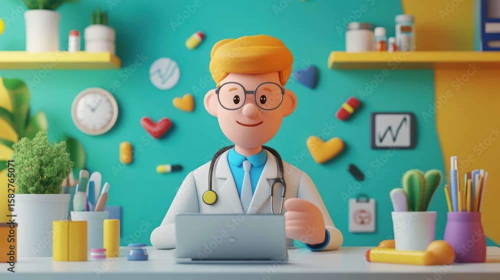 A cheerful cartoon doctor sits at a desk, using a laptop. A cheerful cartoon doctor sits at a desk, using a laptop.