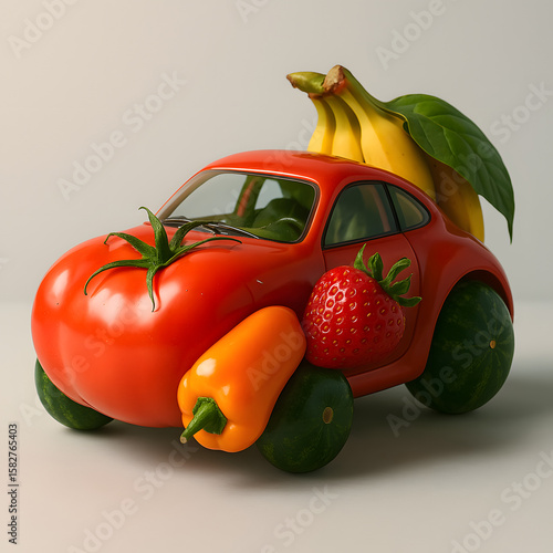 Fresh red tomatoes, peppers, and cucumbers, some isolated, others on a car, showcase a vibrant, healthy, and natural vegetable medley