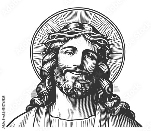Jesus Christ smiling, surrounded by radiant circular halo lines sketch engraving generative ai fictional character vector illustration. Scratch board imitation. Black and white image.