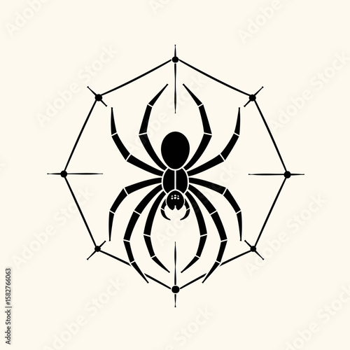 Black Spider Silhouette with Web, Eight Legs, and Detailed Body Design