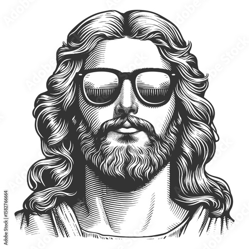 Jesus Christ with long hair, beard, and modern sunglasses, blending classic and contemporary elements sketch engraving generative ai fictional character vector. Scratch board. Black and white image.