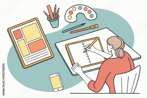 Illustration of a designer at work with tablet, sketchpad, palette, and mobile phone on a desk