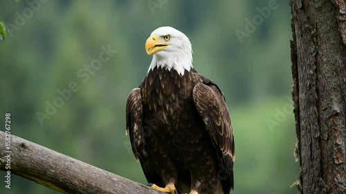 Majestic bald eagle perched on a branch, showcasing its beautiful plumage and fierce gaze amidst a natural, green forest setting in its habitat.