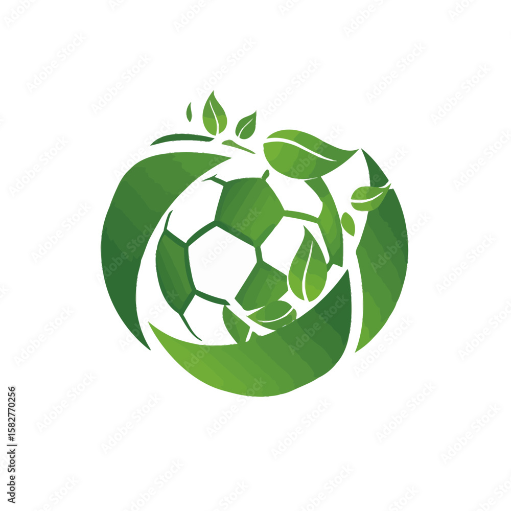 Obraz premium Eco-Friendly Soccer Ball Logo with Green Leaves