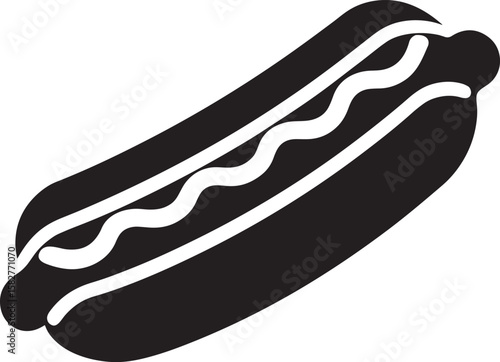 Black hotdog silhouette with white wavy mustard sausage condiment