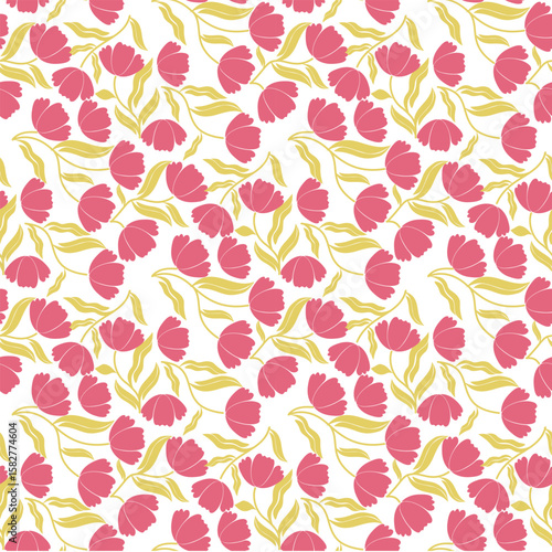 Wallpaper Mural Seamless Pink Tulip Flower Pattern with Flowing Yellow Leaves Torontodigital.ca