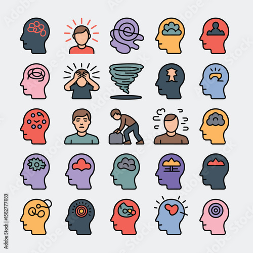 Collection of Twenty Five Colorful Line Art Icons Depicting Diverse Mental Health Conditions and Emotional States Including Anxiety Depression Stress Overwhelm and More