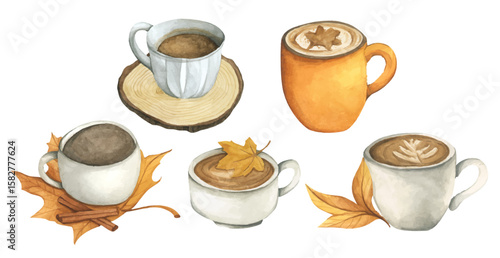 Vintage Autumn Cup. Cute Autumn Mug. Hot Drink with Leaf, Mug, and Fall Vibes. Watercolor Cup of Coffee, Cocoa, and Cozy Lifestyle. Hand Painted Fall Beverages.