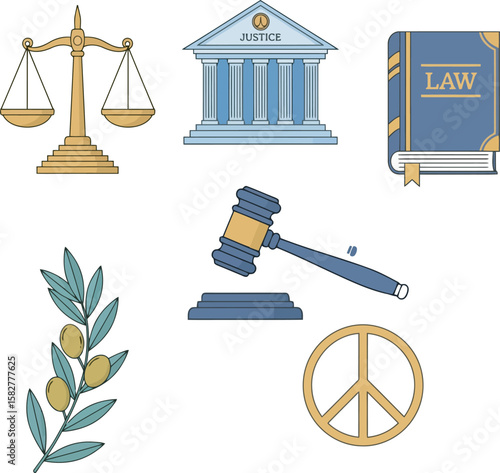 Illustration depicting justice, law, and peace symbols: scales, courthouse, law book, gavel, olive branch, and peace sign.