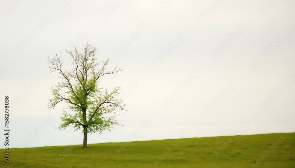 Obraz premium Lone Tree Standing on a Grassy Hill with a Vast Cloudy Sky Background