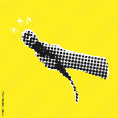 Human hand holding microphone in halftone dotted texture,cut out elements for collage