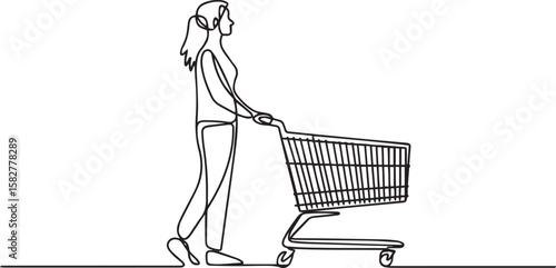 Woman pushing shopping cart at supermarket in continuous one line drawing, minimalist outline vector

