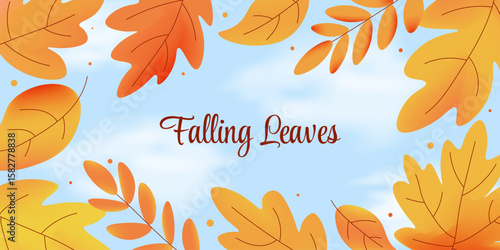 Colorful horizontal banner with autumn leaves border on blue sky background. Falling leaves. Seasonal fall foliage vector illustration