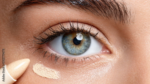 Close up of a woman’s eye with a makeup concealer applied to the skin. Cosmetics for beauty and face care. Skincare concept.
