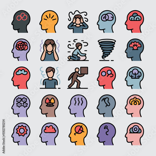 Collection of Twenty Five Colorful Line Art Icons Depicting Various Mental Health Conditions and Emotional States Including Stress Anxiety Overwhelm and Cognitive Issues Each