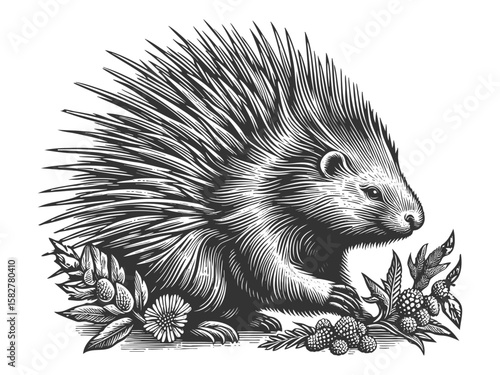 Porcupine sketch engraving generative ai fictional character vector illustration. Scratch board imitation. Black and white image.