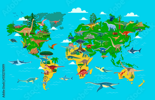 Prehistoric dinosaurs world map infographics. Paleontology science cartoon vector infographics with dinosaurs, prehistoric reptile animals cute characters on continents map, swimming in oceans