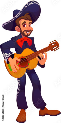 Mexican mariachi musician character, national Mexican Cinco de mayo holiday cartoon vector charro personage in traditional attire plays guitar infusing lively rhythm and spirited melody of folk music