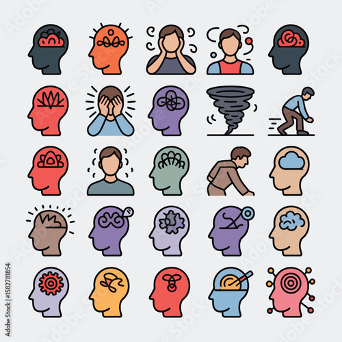 Collection of Twenty Five Colorful Line Icons Depicting Mental Health Conditions and States of Mind Including Anxiety Stress Depression and Thought Processes