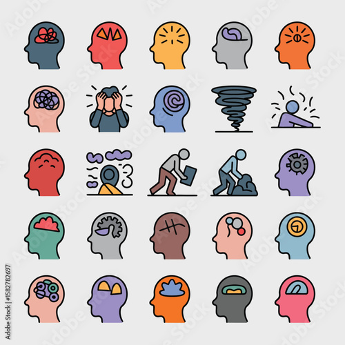 Collection of Twenty Five Diverse Colorful Line Icons Depicting Mental Health Conditions Stress Anxiety Overwhelm and Cognitive Processes