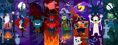 Halloween holiday scary characters collage, vector horror night monsters. Cartoon cute witch, ghost, mummy and dracula with spooky Halloween pumpkins and bats. Cute zombie, devil and wizard characters