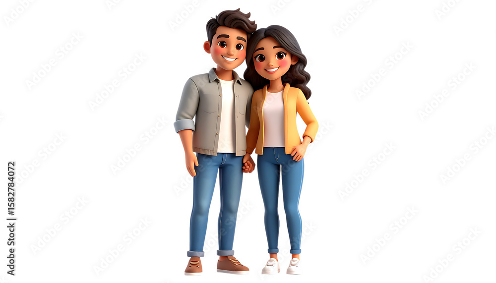 Obraz premium Cartoon couple standing side-by-side, holding hands, smiling against a plain white background.