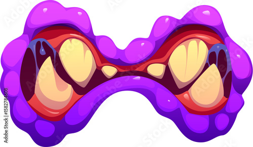 Halloween scary vampire drool monster grin jaw. Horror creature isolated cartoon vector open mouth with dripping from teeth saliva, beast jaw sharp fangs and purple lips. Halloween monster open maw