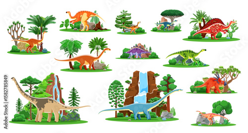 Cartoon prehistoric dinosaur characters isolated vector set. Ancient dino reptiles in their natural habitat landscapes. Herbivore, carnivore and omnivore animal species of Jurassic or mesozoic era