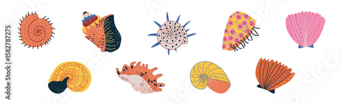 Colorful Tropical Shell as Underwater Sea Bottom Element Vector Set