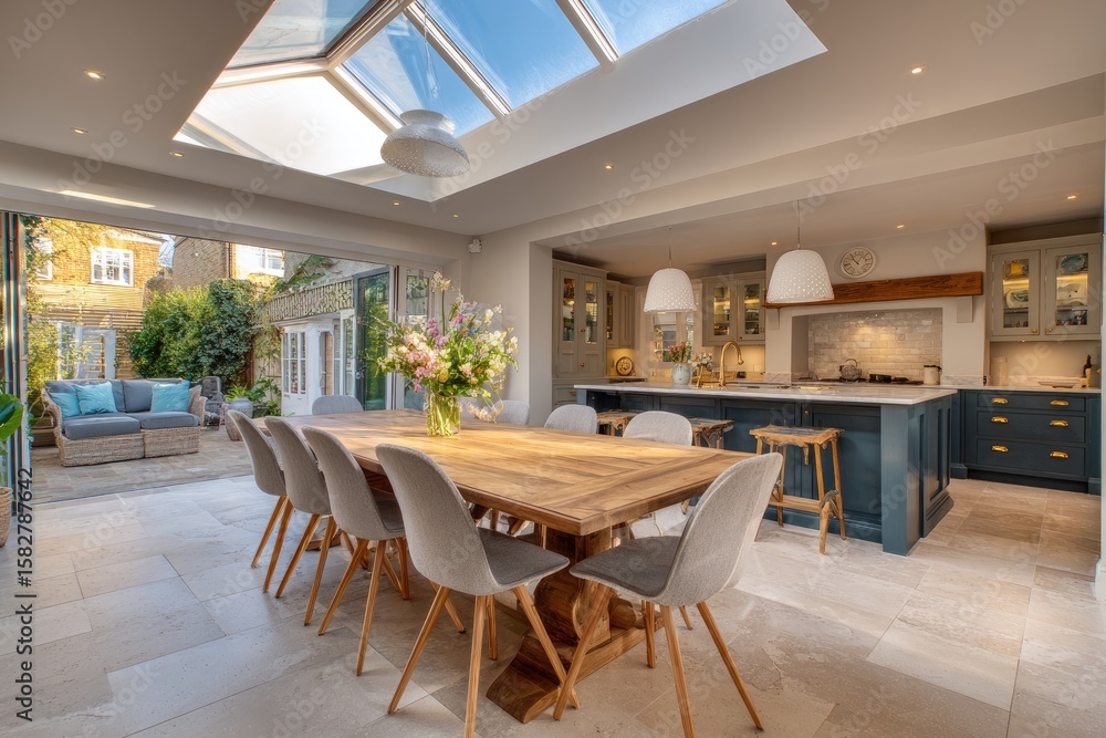 Fototapeta premium Open-plan dining kitchen with garden view. Sunlight streams through a skylight