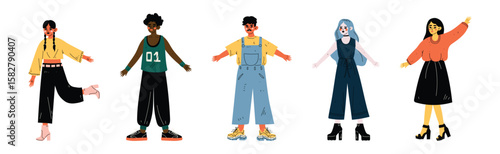 Young Man and Woman Character Standing in Trendy Wear and Fashion Outfit Vector Set
